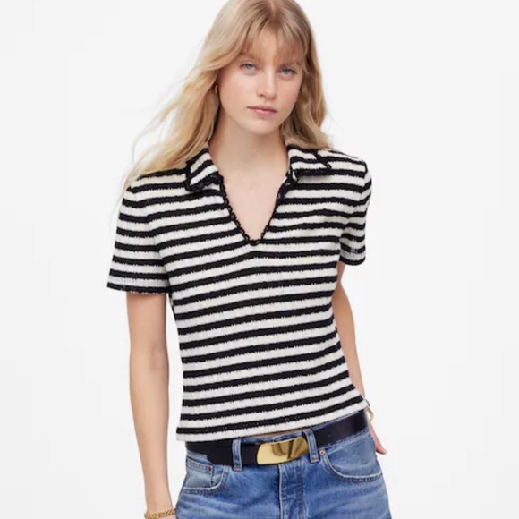NWT Madewell Black & Ivory Striped Crochet Knit V-Neck Sweater Tee (Size Small) - Picture 1 of 8